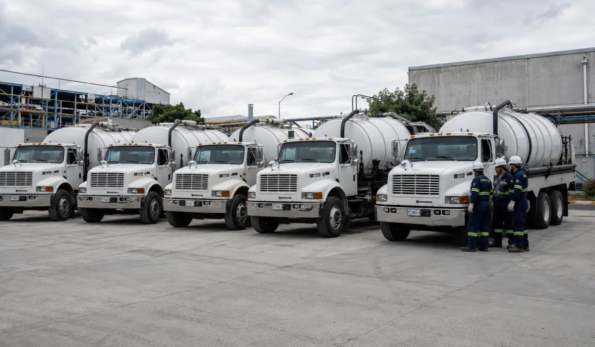 Operador con equipo de protección personal junto al camión vactor en Cuernavaca